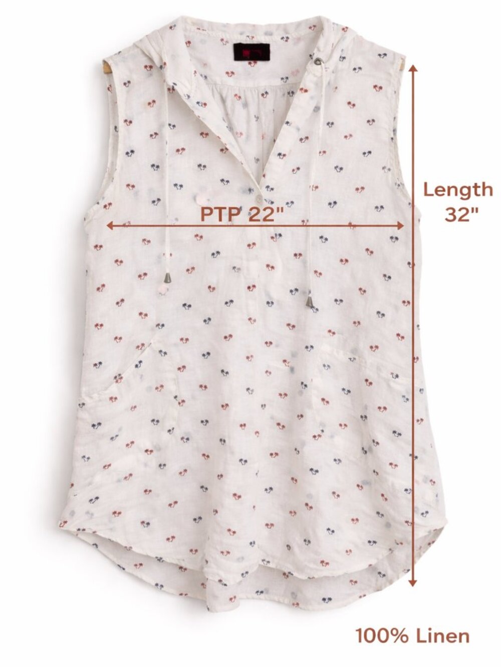 For Cynthia Beachwear Linen Hooded Tunic Sleeveless Palm Print Cover Up - Picture 2 of 8